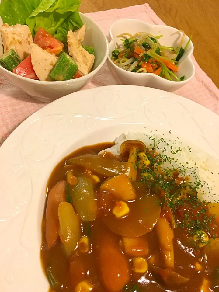 ＊シーフードとトマトとソーセージのカレーライス♡
＊鶏胸肉とオクラとトマトの胡麻和えサラダ
＊もやしと人参と豆苗のナムル|モケモケさん