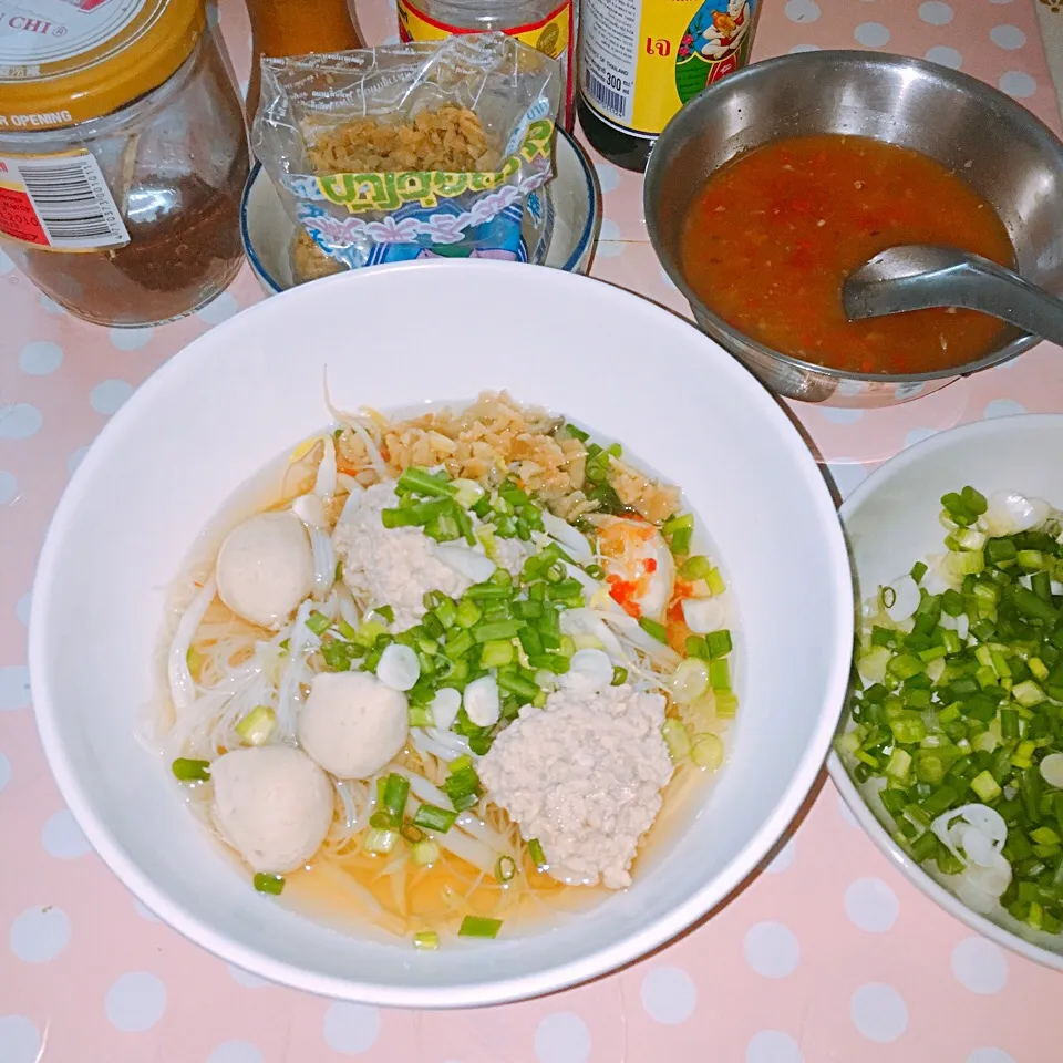 Snapdishの料理写真:Rice noodles with minced pork and pork ball|U☆彡さん