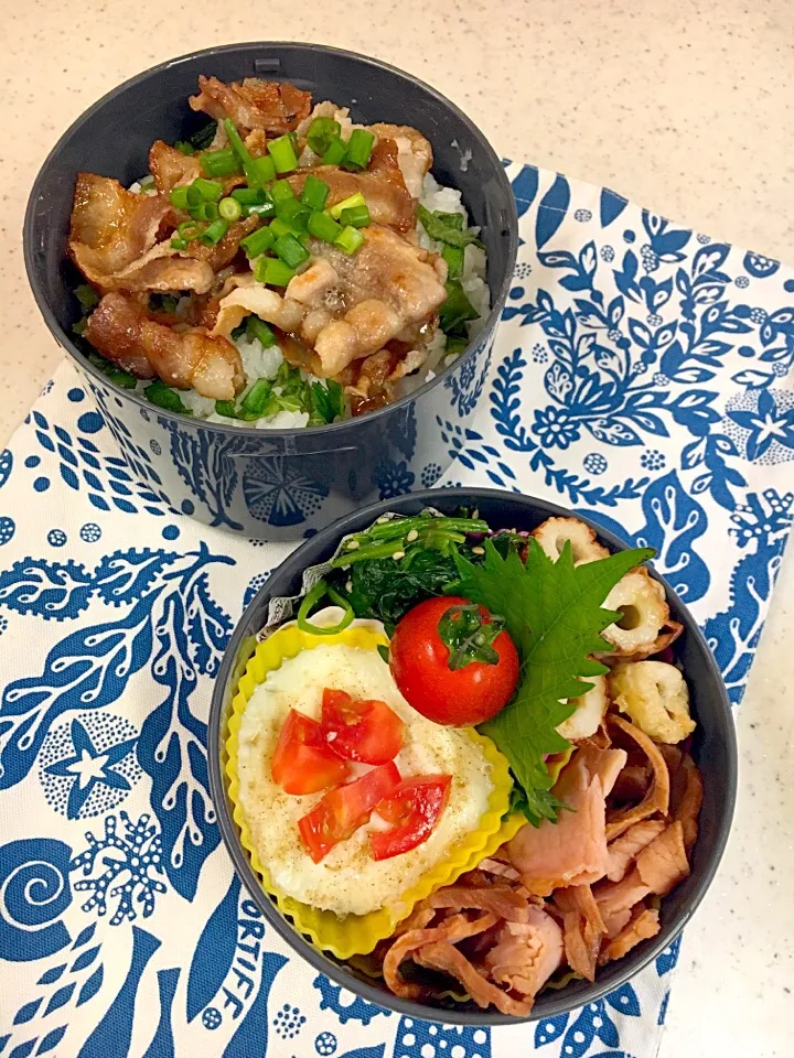 高校男子弁当🍱 ✴︎焼肉丼 ✴︎焼き豚 ✴︎ほうれん草胡麻和え ✴︎ココット ✴︎ちくわチーズ焼き|emisanさん