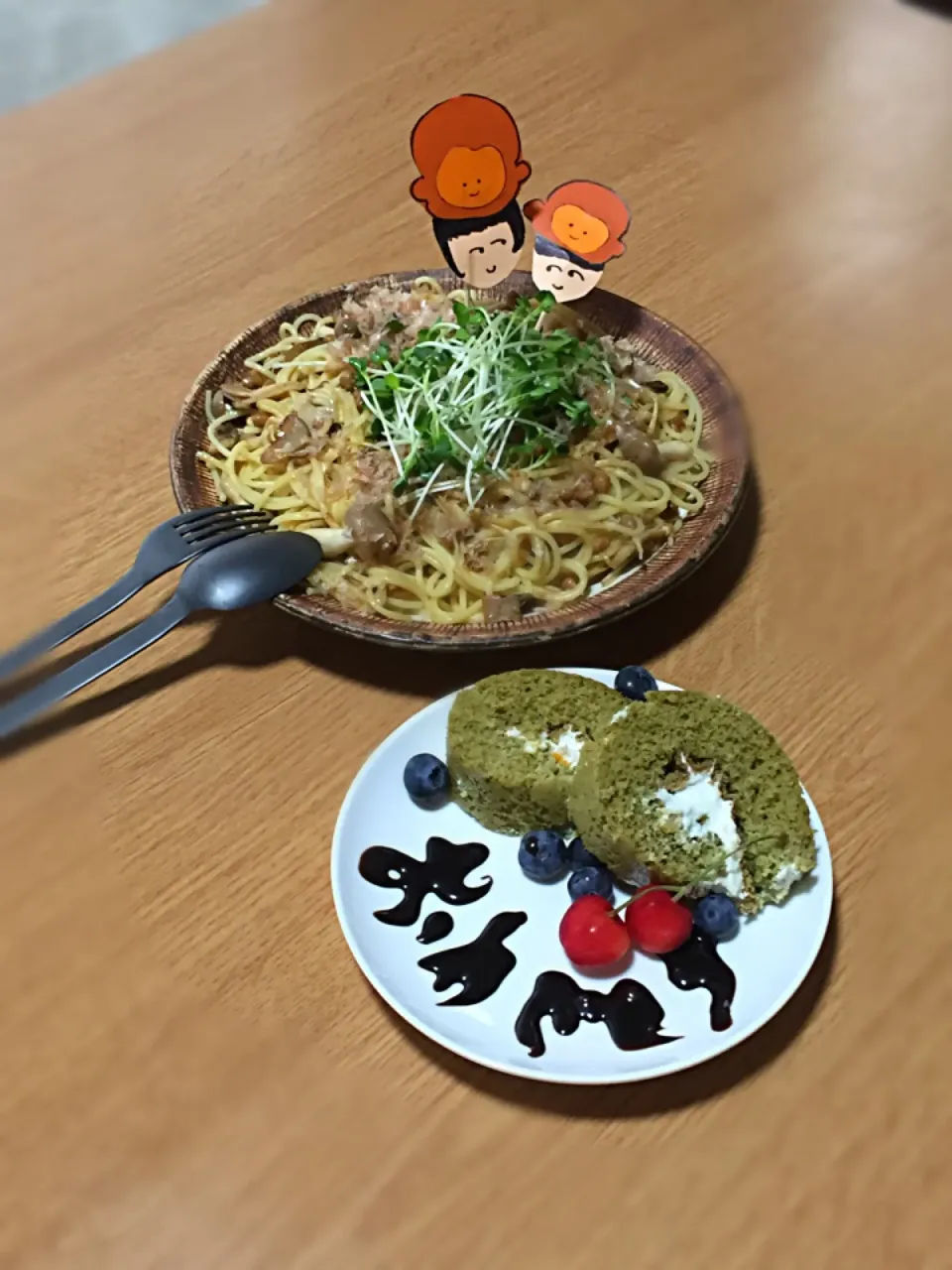 みったん🐒💕のきのこと納豆の柚子胡椒パスタ🍝と抹茶米粉ロールケーキ🌀お誕生日おめでとう〜〜＼(^o^)／🎂🎉✨✨✨|ボンバーさん