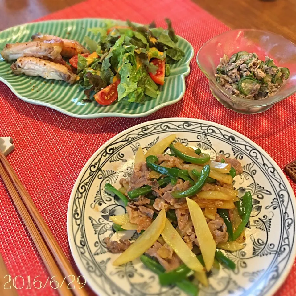 手羽中／土佐酢
じゃがいもで青椒肉絲風
きゅうりとさば水煮缶の酢のもの|𓇼 Ⓢ Ⓗ Ⓘ Ⓝ Ⓞ Ⓑ Ⓤ 𓇼さん