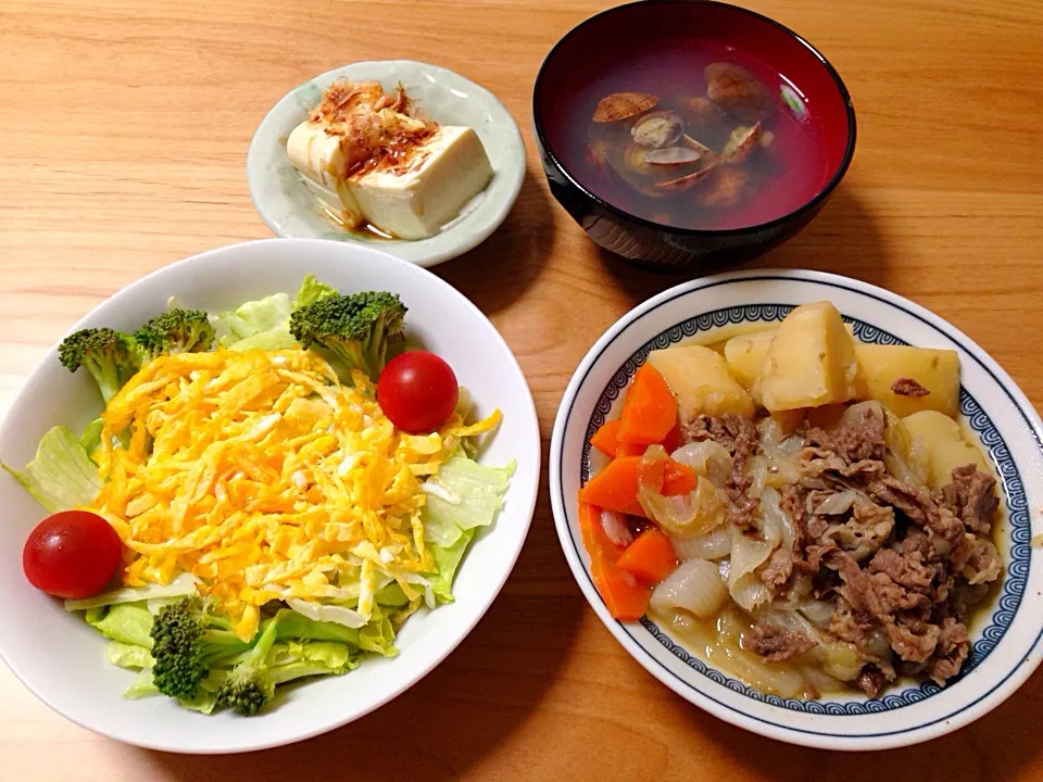 肉じゃが⭐️玉子サラダ⭐️あさりの吸物⭐️冷奴|ほなさん