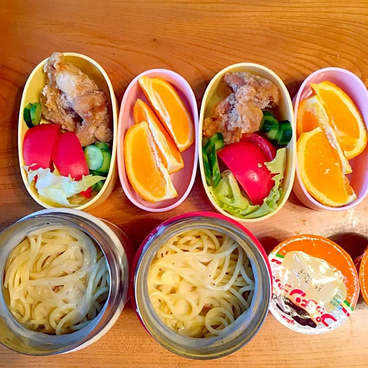 スパゲティカルボナーラ弁当 唐揚げ サラダ|ツインズママさん