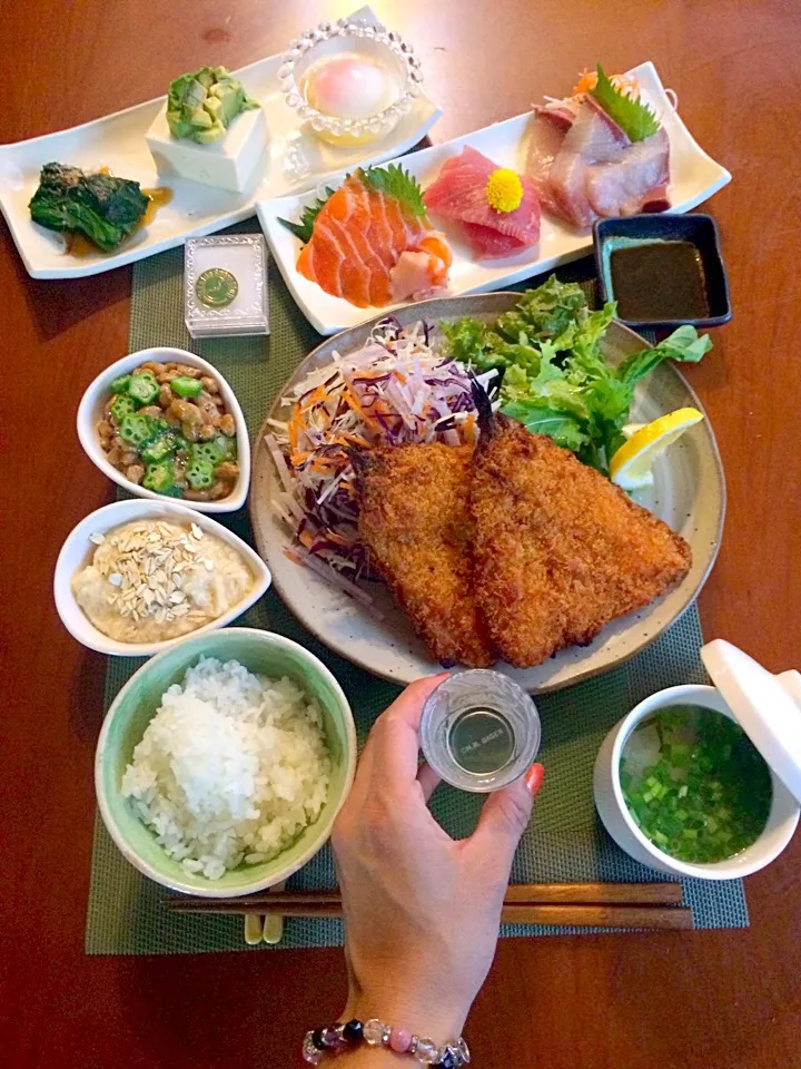 Today's Dinner🍴前菜･お刺身･ｱｼﾞﾌﾗｲ<お惣菜>･ｵｸﾗ納豆･大和芋･白飯･お豆腐のお味噌汁|🌈Ami🍻さん