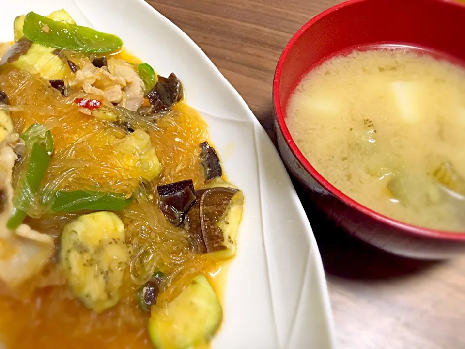 麻婆春雨&茄子とじゃがいものお味噌汁|♡あき♡さん