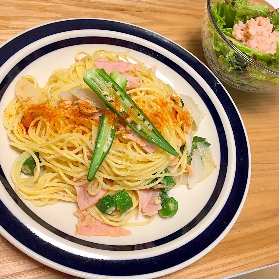 オクラパスタ、
カニサラダ|yummさん