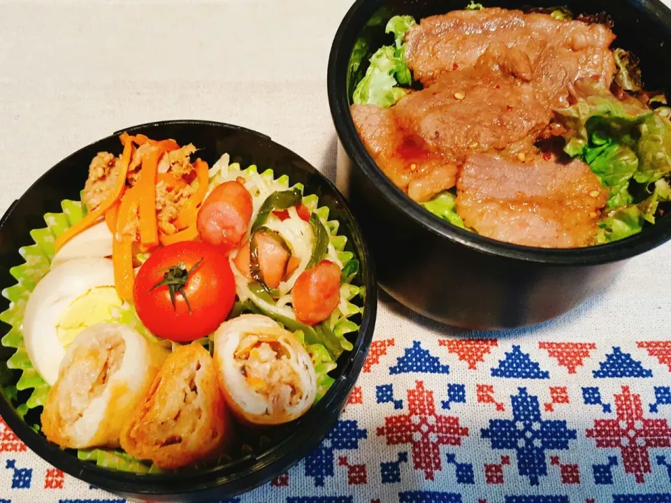 お弁当。焼肉丼と煮玉子と塩焼きそばとにんじんツナきんぴらと春巻き。|エリカさん