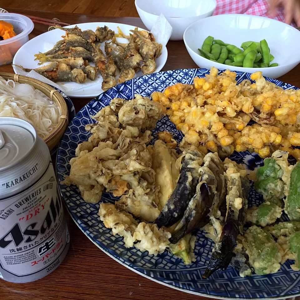 Snapdishの料理写真:2016.7.1 ダンナ実家で素麺&天ぷらランチ🍻🍻🍻|ゆみずさん