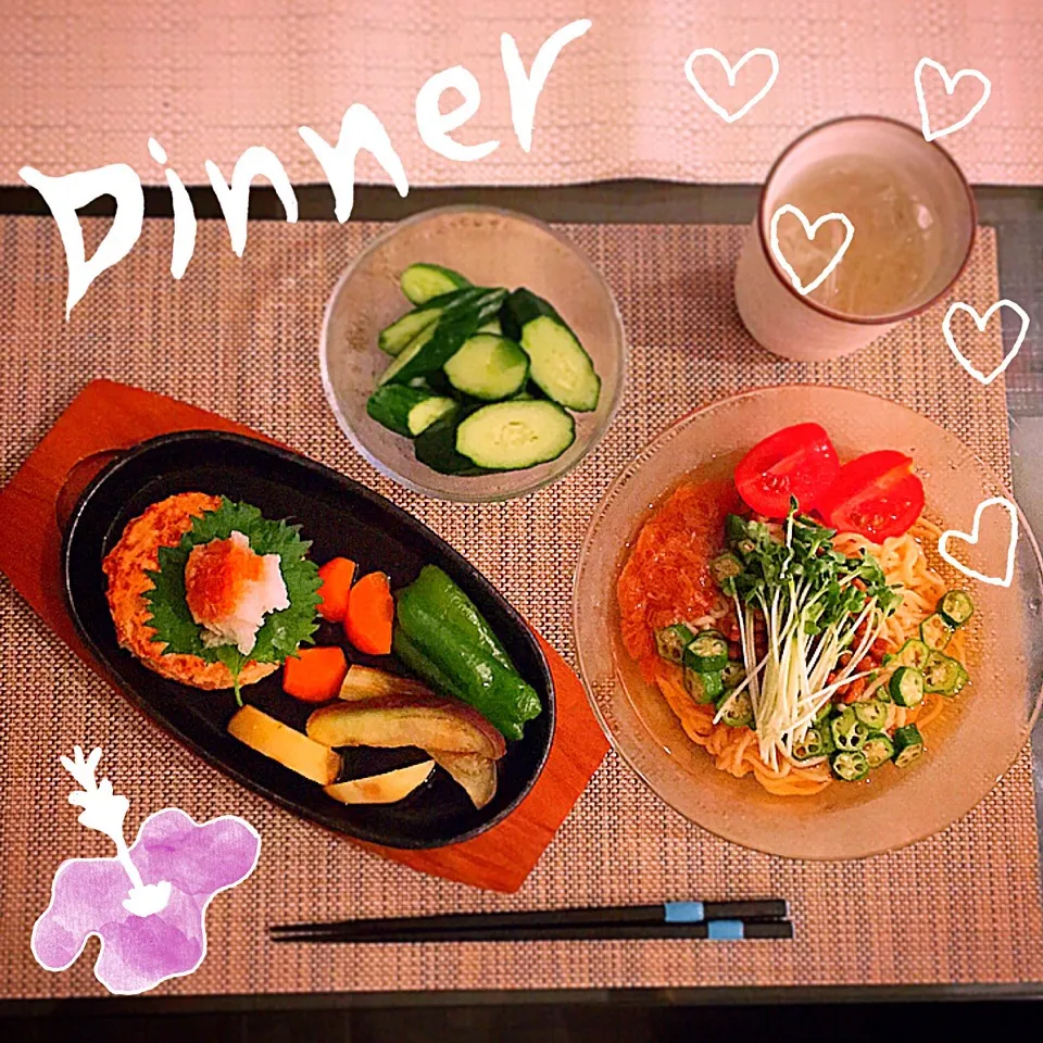 和風豆腐ハンバーグ&納豆となめことオクラのこんにゃく麺❤️|Mika  Taniguchiさん