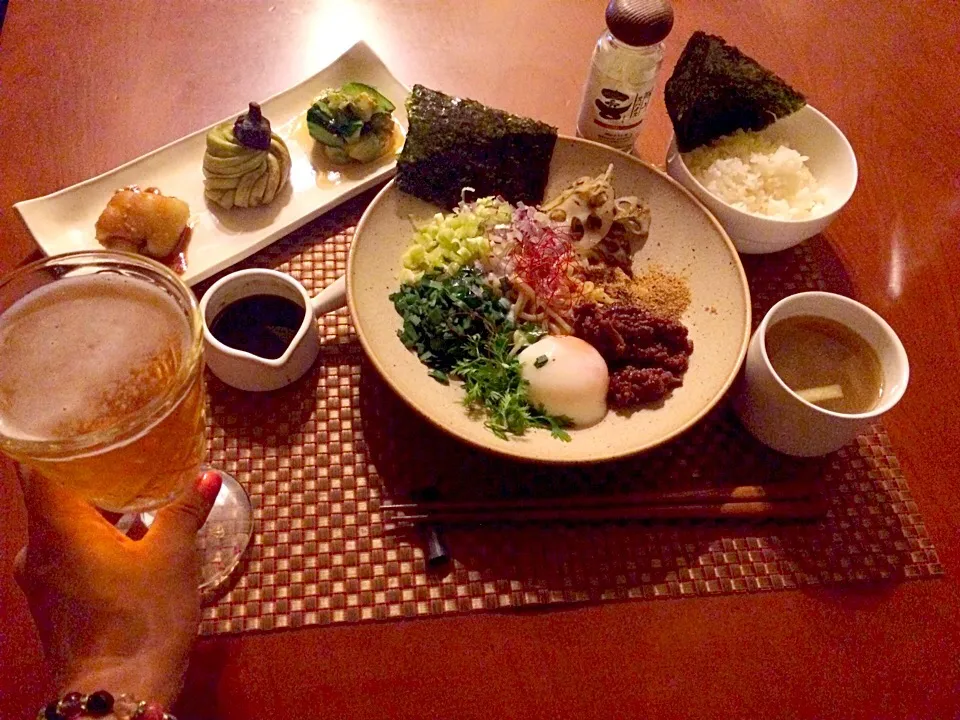 Snapdishの料理写真:Today's Dinner🍴前菜･台湾混ぜそば･ｵｸﾗとﾄﾏﾄのかき卵ｽｰﾌﾟ|🌈Ami🍻さん