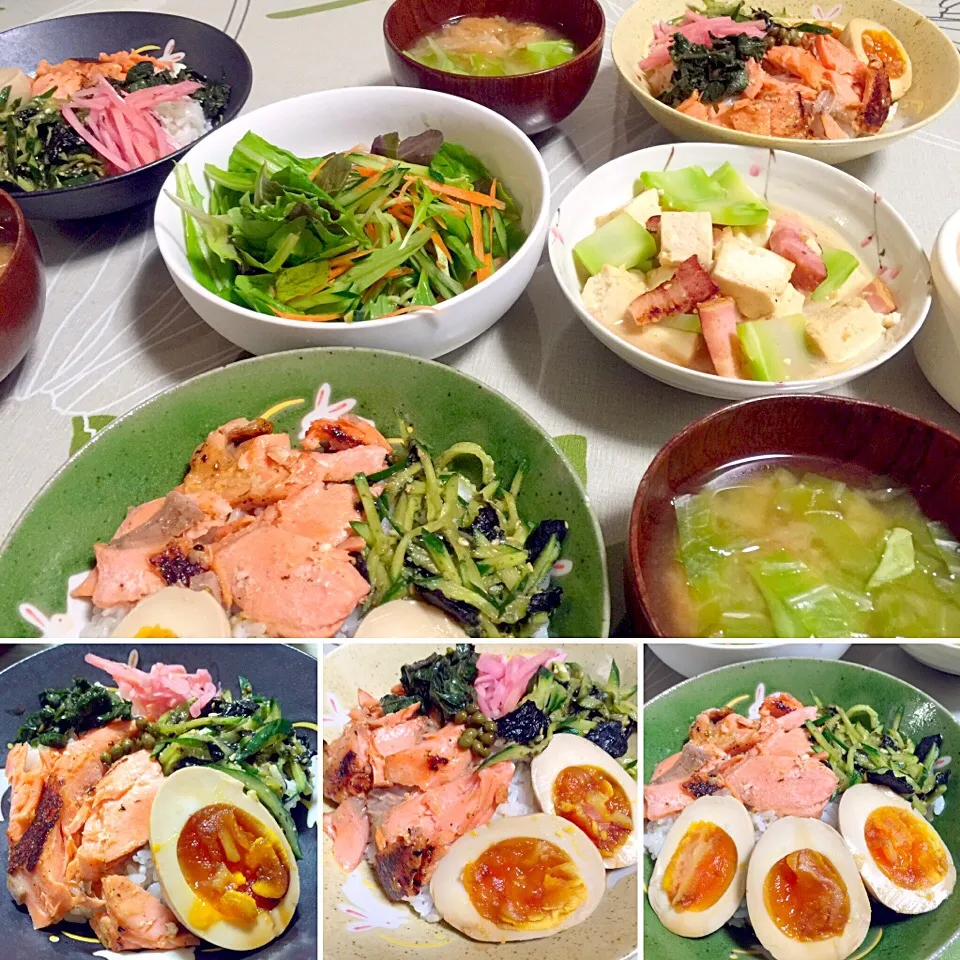 鮭の西京焼きと煮卵の丼・三者三様
豆腐のベーコン炒め・ブロッコリーの茎を救済😅|tabyさん