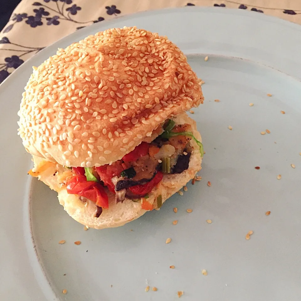 Snapdishの料理写真:Humble Burger 😊 Loaded with cherry tomatoes and shiitake mushrooms""'|Indulgeさん