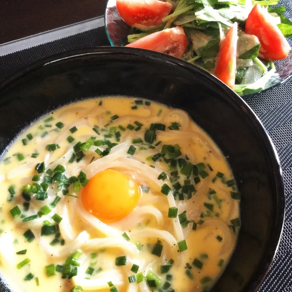 明太子のクリームスープうどん&ほうれん草サラダ|ゆきっちん(・8・)さん