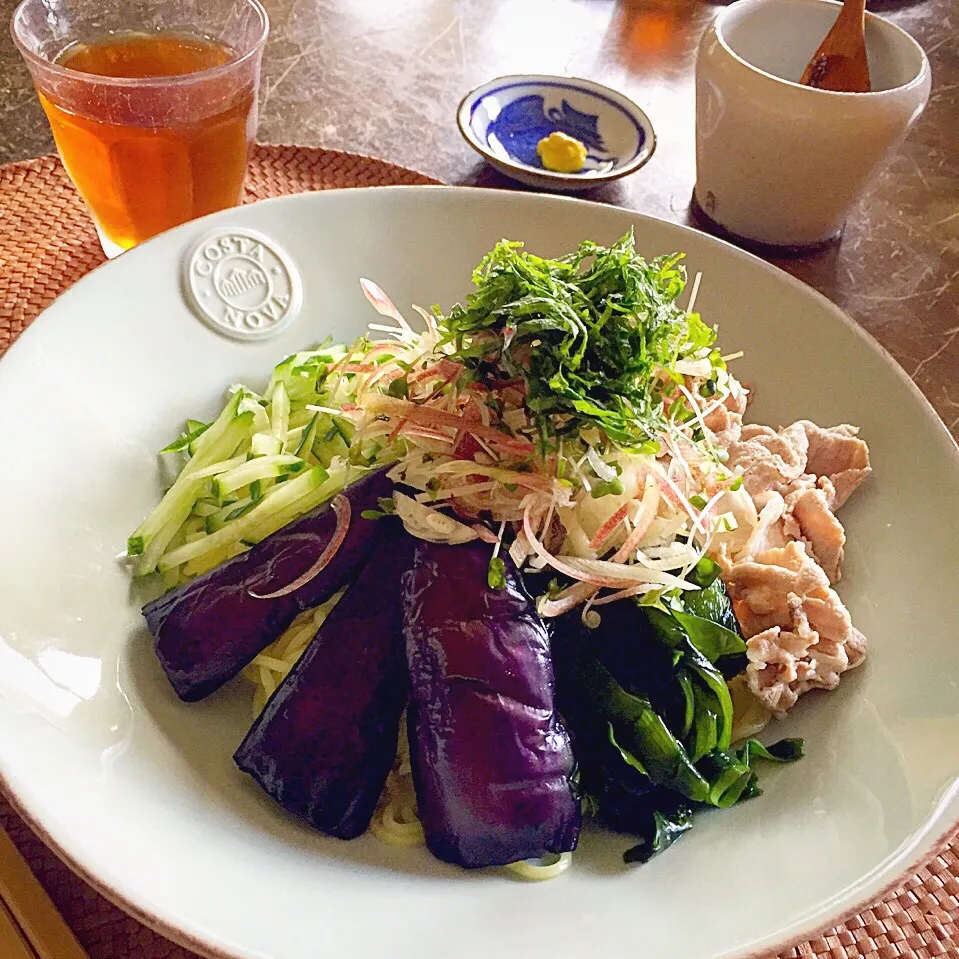 揚げナスと豚しゃぶの冷やし麺
夏薬味をたっぷり乗せて|Kaori Shimizuさん