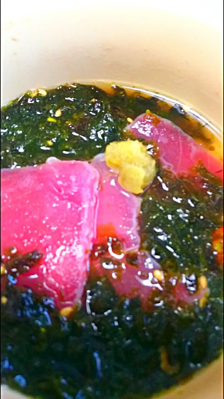 お茶漬け🍵✨
マグロ🐟韓国のり🎵わさび菜の佃煮🍀もち麦＆青大で…💕|メイメイda.さん