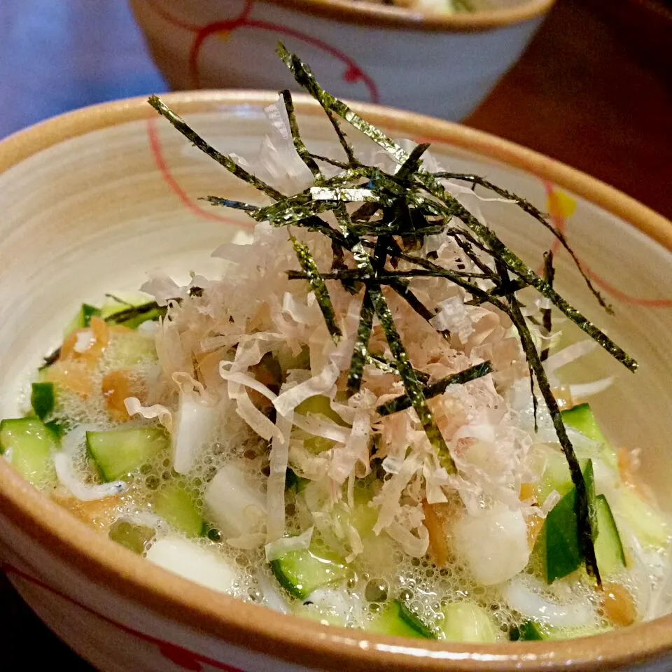 きゅうりと山芋、納豆の梅和え|ふりるさん