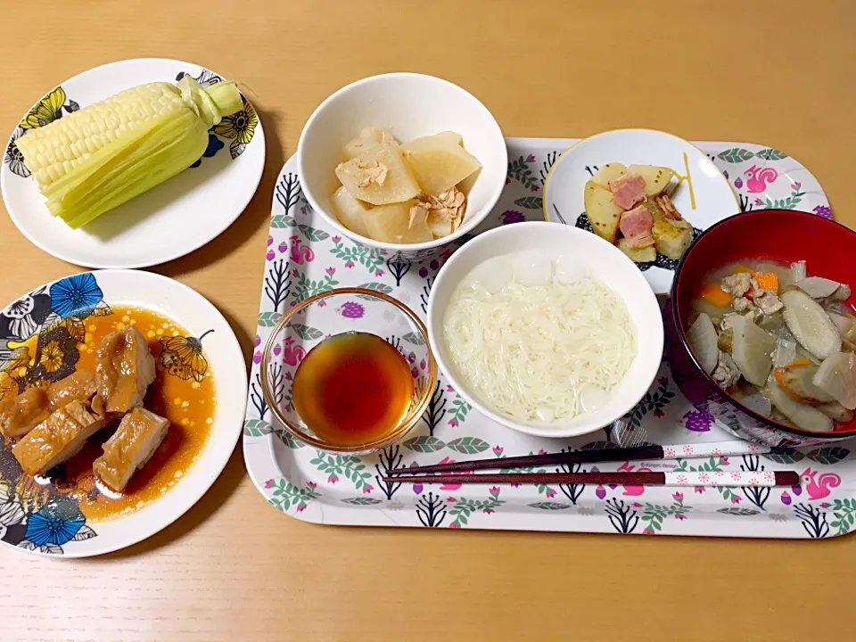 7月5日
とうもろこし
鶏肉の照り焼き
大根とツナの煮物
じゃがいもベーコン
素麺
豚汁|あちゃんみんさん