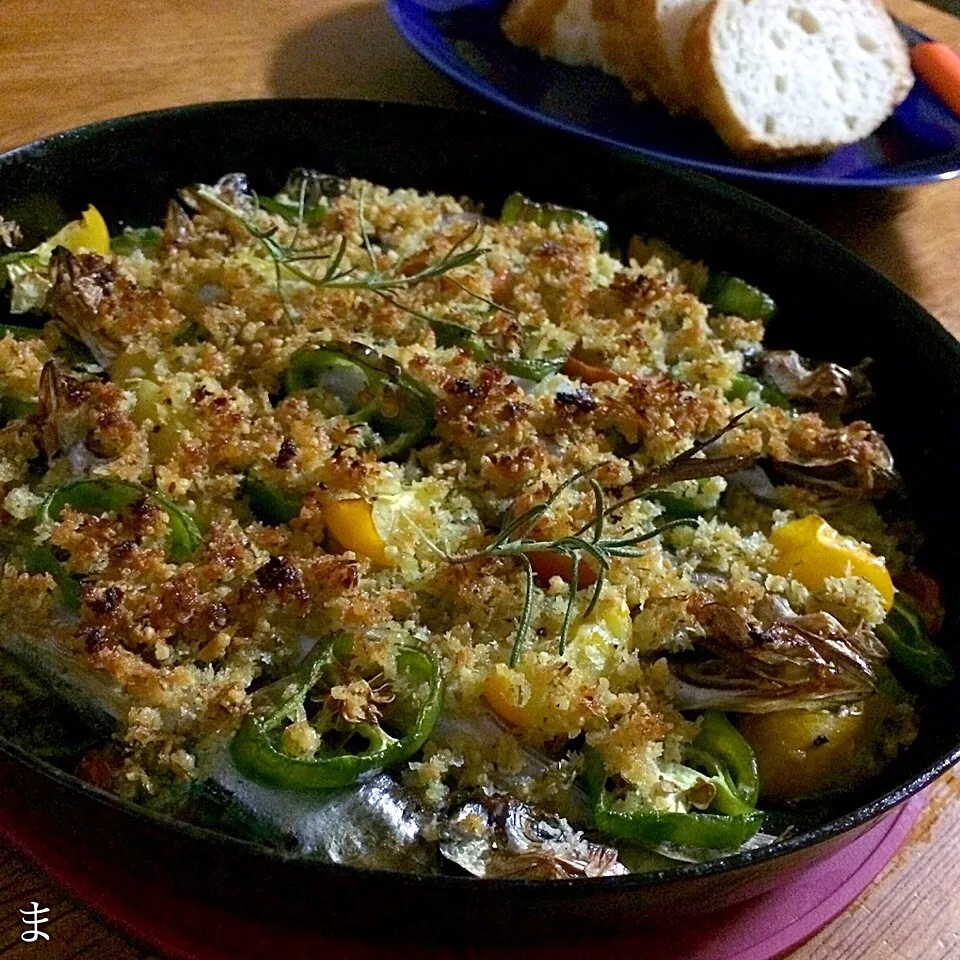 シシャモと野菜のパン粉焼き|まる(丸大豆)さん