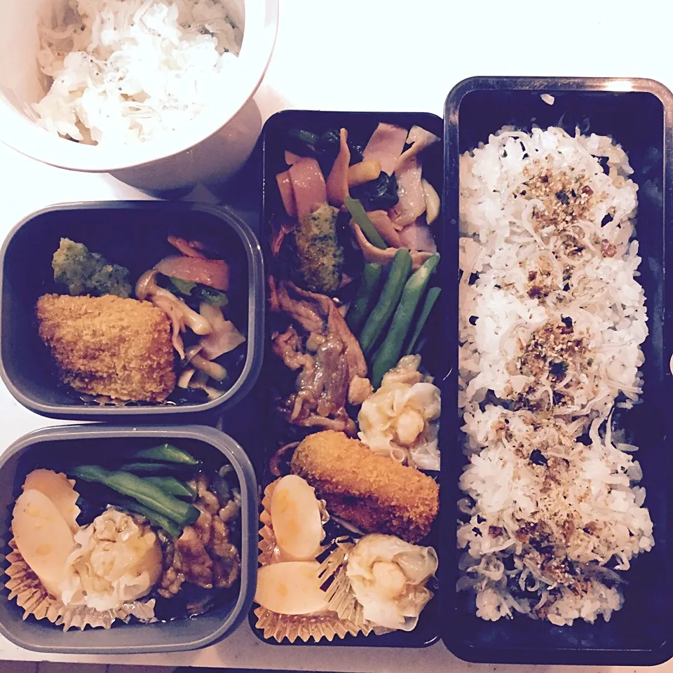 Snapdishの料理写真:お弁当6/20 焼肉、インゲンの塩茹、小松菜とベーコンのバター炒め、他冷食|きささん