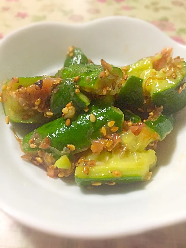 Dinner 7.7 Cucumber with Umeboshi and dried bonito|moonmoonさん