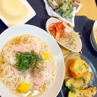 Snapdishの料理写真:七夕素麺 ズッキーニ味噌チーズ焼 舞茸天ぷら|くみさん