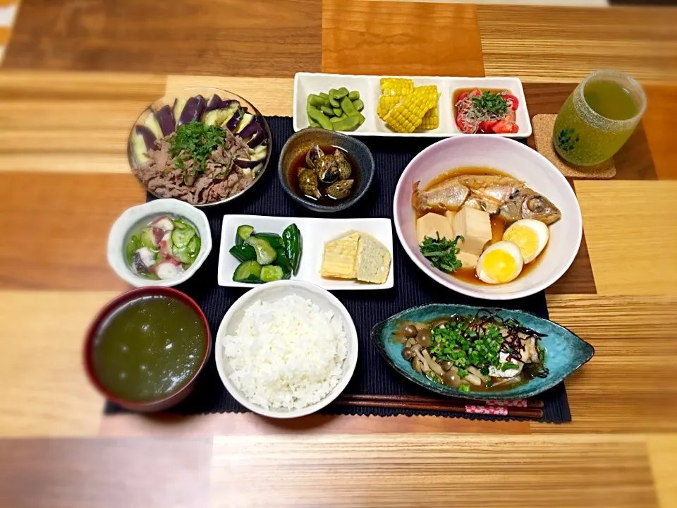 のどぐろの煮付け
のどぐろの酒蒸し
夏野菜の小鉢三種
バイ貝煮
タコの酢の物
蒸しナスと牛しゃぶサラダ
だし巻き卵
キュウリ浅漬
トロロ昆布汁|ぼんぼんさん