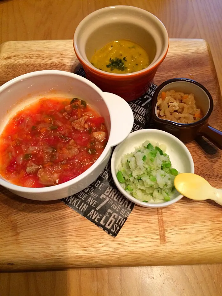 離乳食後期
～7/8夕飯～
☆チキントマト煮
☆かぼちゃポタージュ
☆切り干し大根煮
☆グリンピースポテト|airi-nさん