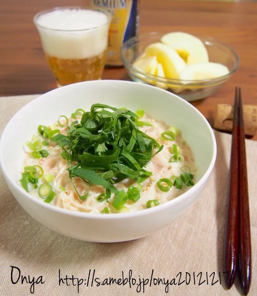 【5分～～！夏バテ解消レシピ！豆乳明太子のぶっかけ素麺！！】|おにゃさん