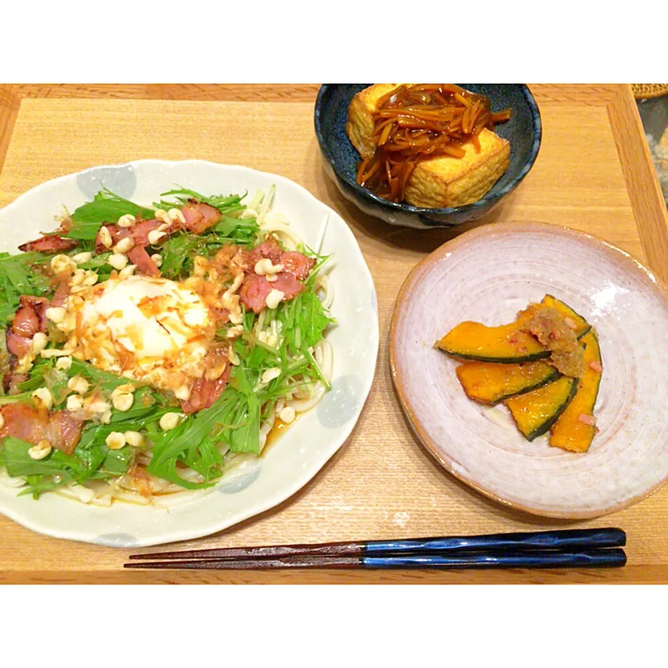 サラダうどん、餡かけ厚揚げ、成城石井風かぼちゃサラダ|つんさん