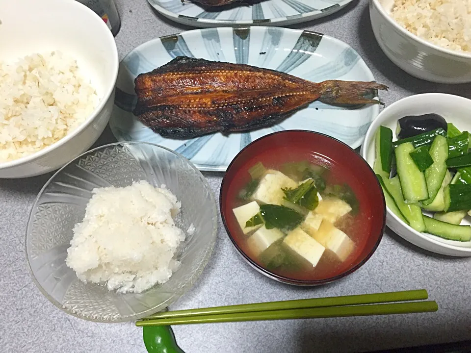 魚、大根おろし、麦飯、キュウリなすの浅漬け、小松菜豆腐味噌汁|ms903さん