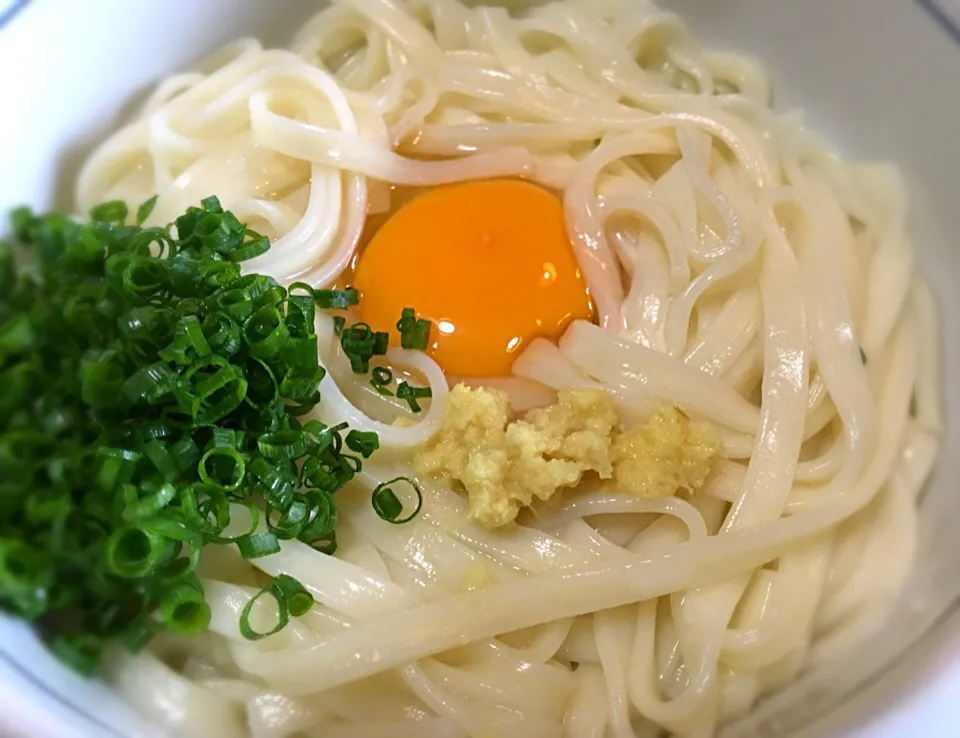 Snapdishの料理写真:早目の昼は機械打ち乾麺の
「釜玉ぶっかけうどん」|muutさん