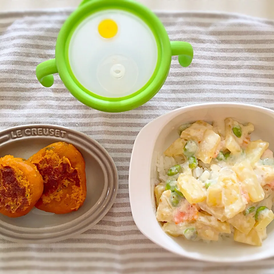 息子ご飯/クリームご飯、かぼちゃおやき|にゃろめさん