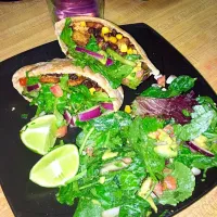 Snapdishの料理写真:Pita pockets stuffed with grilled taco lime chicken, black beans, corn and avocado salad with a side of avocado salad|amandaさん