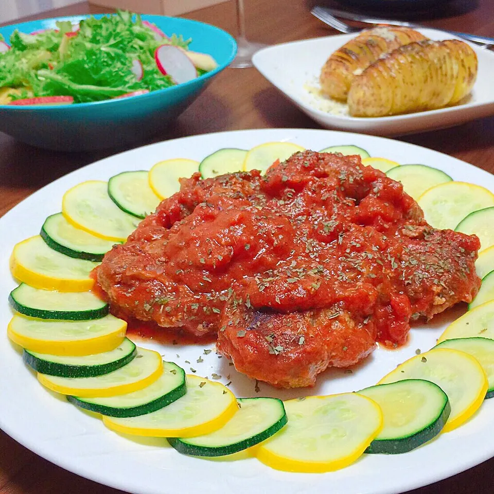 💛💚煮込みハンバーグメインの、有機野菜たっぷり夜ごはん💛💚|leeさん