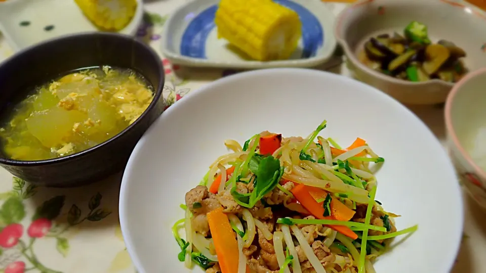 豆苗ともやしの炒め物 冬瓜のかき玉スープ なすとオクラのベーコン炒め|てけさん