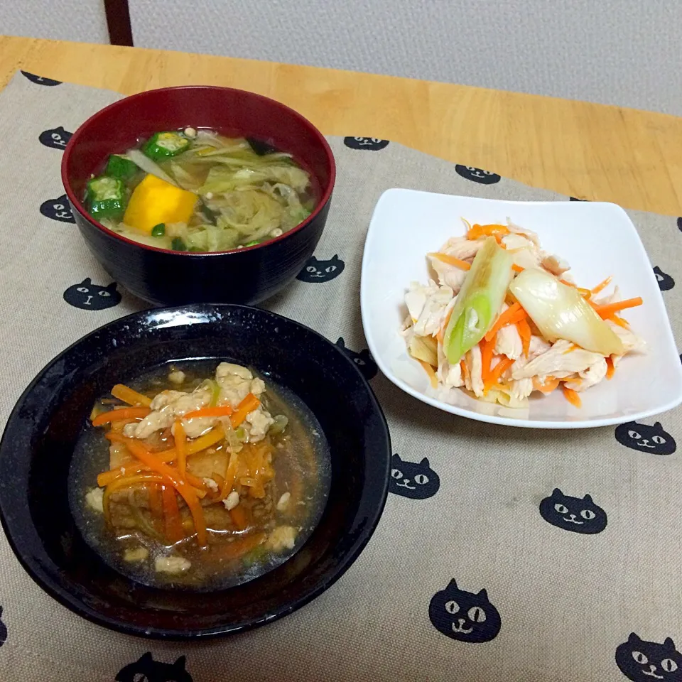 鶏ささみの和え物、厚揚げの鶏そぼろあんかけ|やまださん