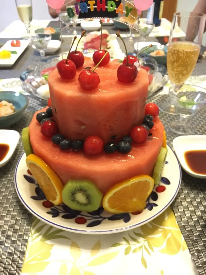 スイカケーキ🍉🍒🍊レシピ？追加（笑）カットしたらフルーツ盛り合わせ💕|tomoさん