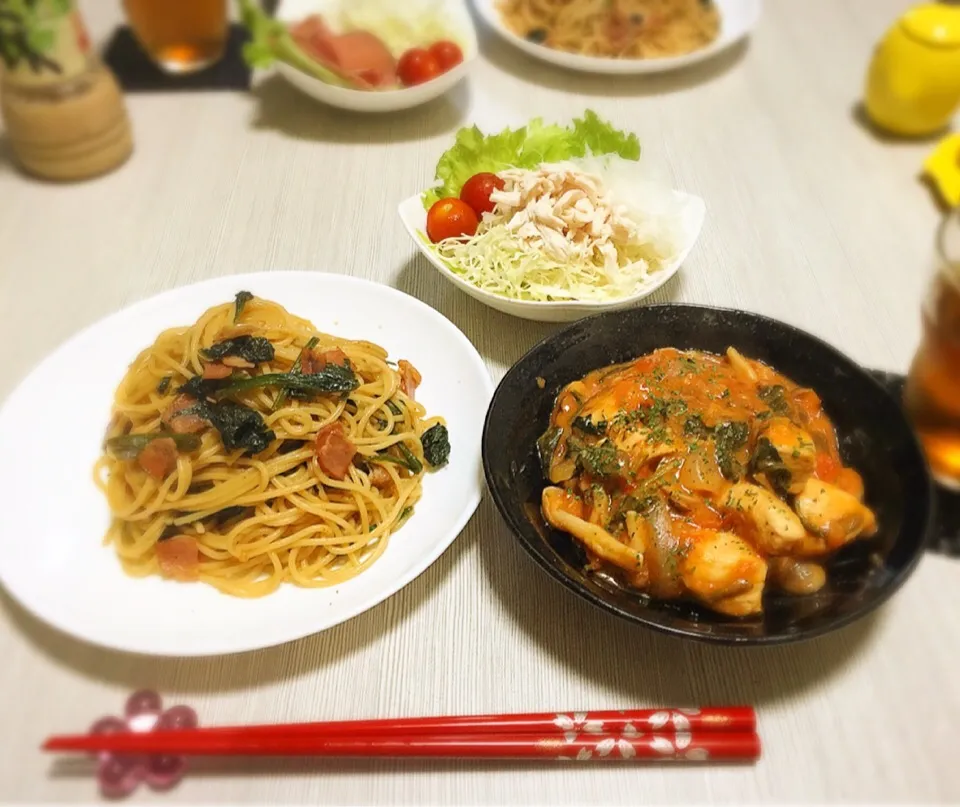 超超超超高カロリーごはん

#鶏のトマトクリーム煮
#和風パスタ
#肉のサラダwww|なっちゃんさん