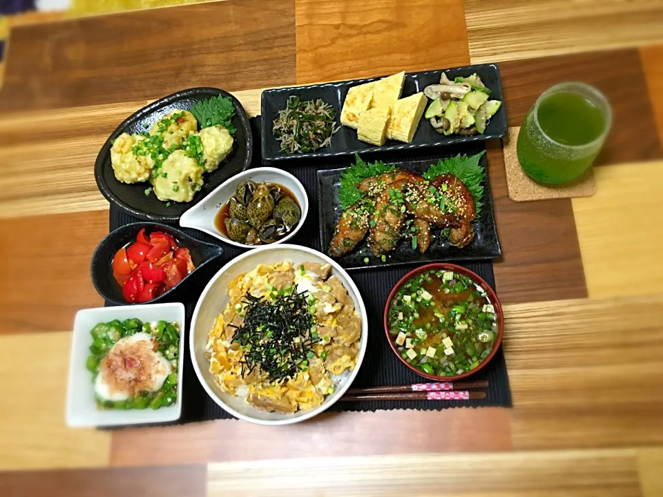 親子丼
豆腐しんじょ
甘辛手羽先
トマトお浸し
オクラの山芋かけ
バイ貝煮付け
じゃこピーマン
だし巻き卵
ズッキーニとしめじのナムル
お味噌汁|ぼんぼんさん