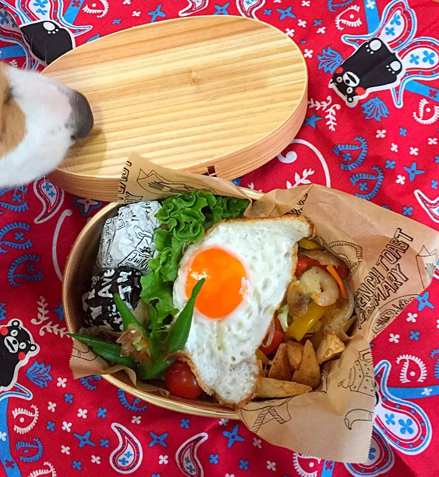 Snapdishの料理写真:カレー焼きそば
目玉焼き
ポテトフライ
オクラのおかか和え
おにぎり|mikiさん