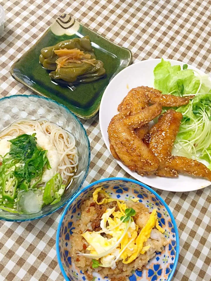 手羽先❤️ピーマンの生姜煮❤️鶏めし❤️とろろそーめん|☆光るさん