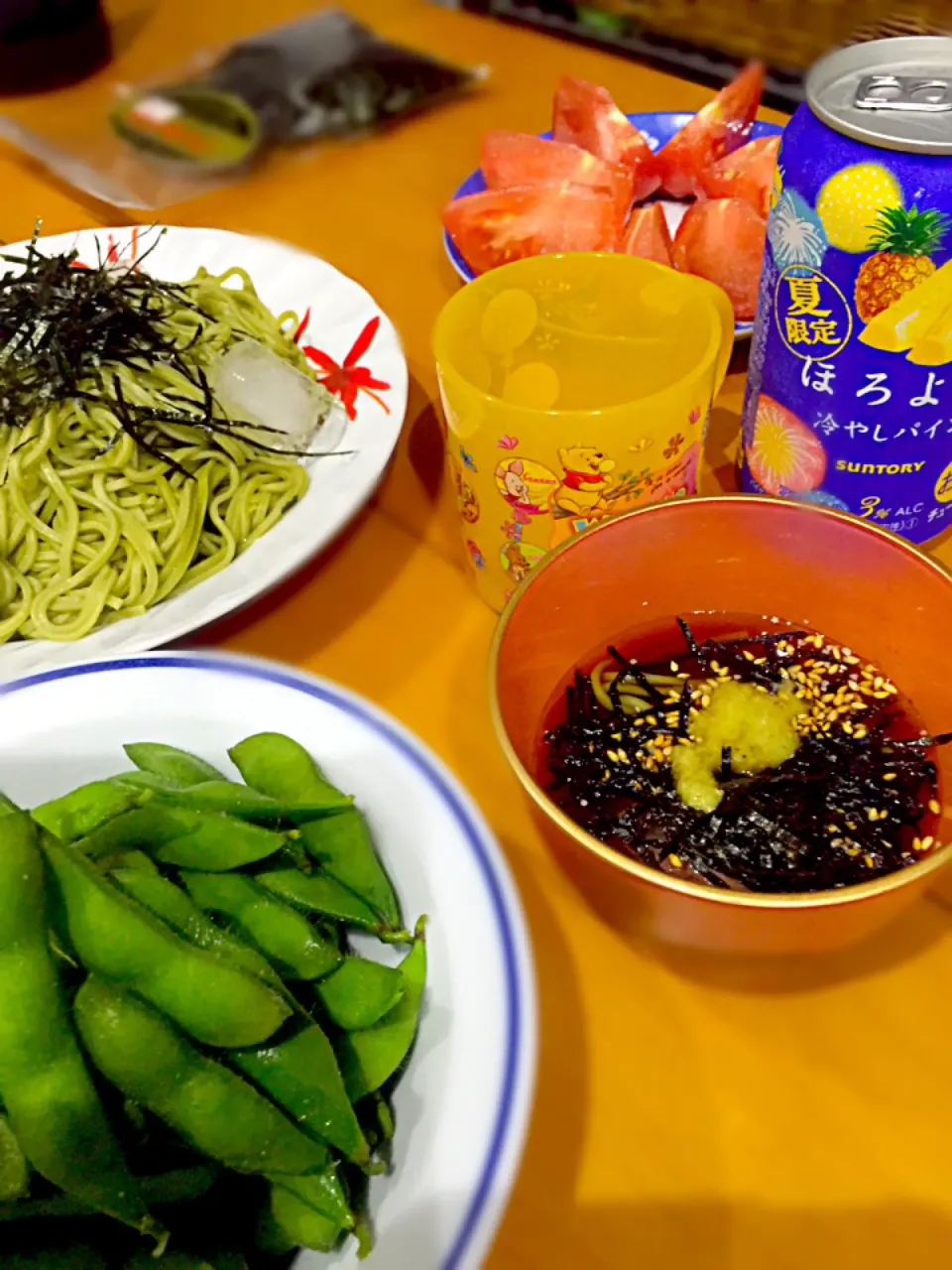 Snapdishの料理写真:茶蕎麦  だだちゃ豆  冷やしトマト🍅 冷やしパイン🍍チューハイ|ch＊K*∀o(^^*)♪さん