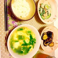 Snapdishの料理写真:🍴夕ごはん🍴
＊にら玉スープ
＊なすの南蛮風炒め
＊ツナときゅうりのサラダ|maoさん