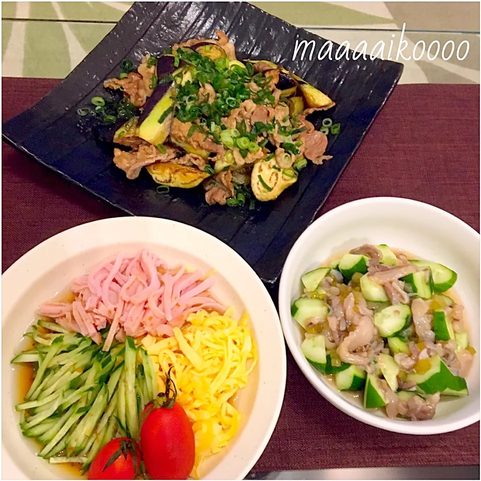 Snapdishの料理写真:こんにゃく麺de冷やし中華✨豚肉茄子炒め✨たこワサ胡瓜|マイコさん