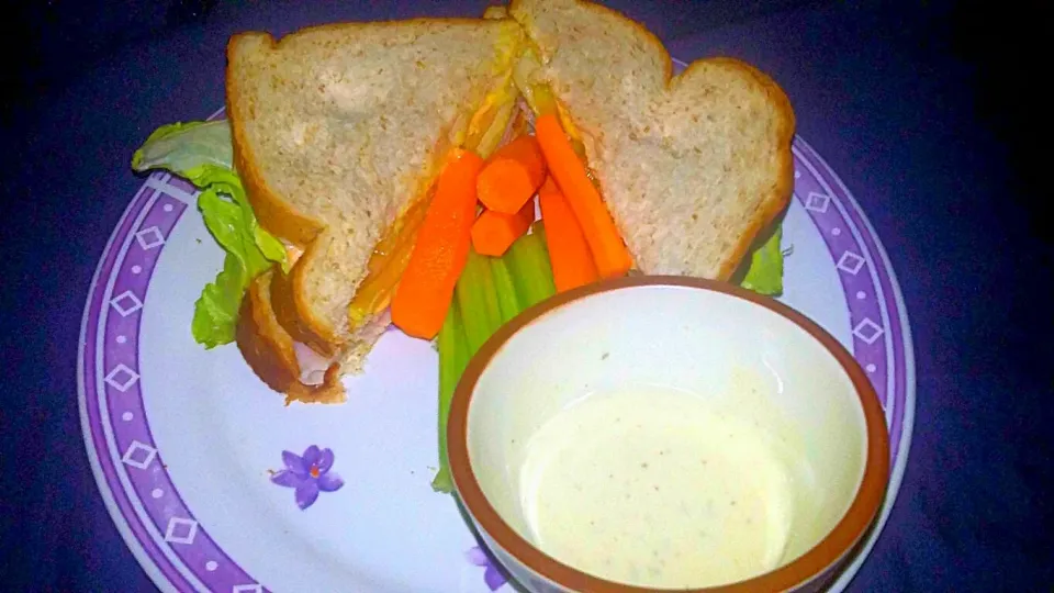 Snapdishの料理写真:Lite Dinner of Ham Turkey and Cheese Sandwich with Celery and Carrot Sticks aside Blue Cheese n Honey Mustard Dressing.|Juan Simmsさん