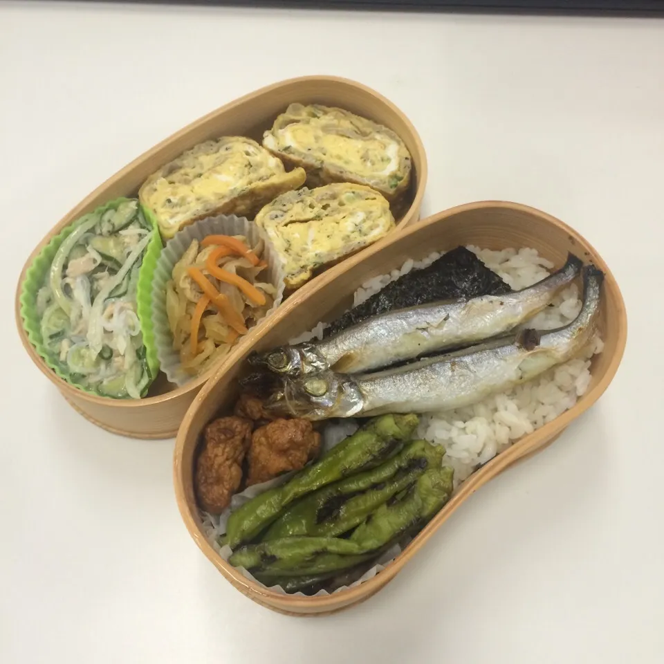 弁当（ちりめん入り玉子焼き、切干し大根、春雨サラダ、ししゃも、野菜天、ししとう）|SasaMasa213さん