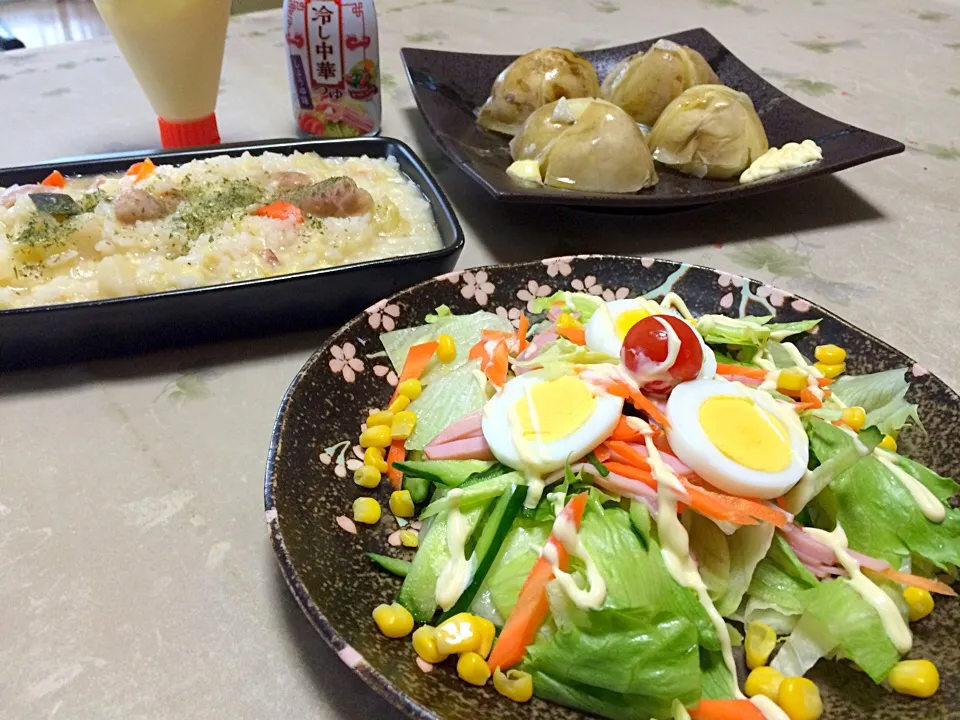 Snapdishの料理写真:暑い💦冷やし中華と、野菜スープの残りでリゾット❤️|makoさん