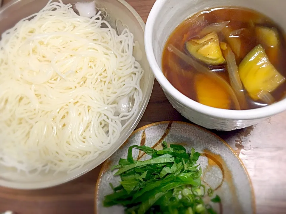 なすとベーコンのつけ汁そうめん|♡あき♡さん