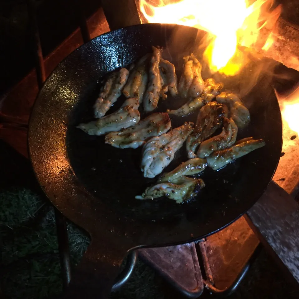 焚き火でターク使って、せせり焼き！|くめっちさん