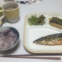 2016年7月12日 塩さば、ゴーヤとツナの塩昆布あえ、もやしと豆苗のナムル、ヤングコーンとアスパラとなすの煮浸し|くも ひばりんさん